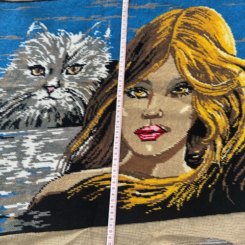 Embroidery with woman and cat used 69x56 cm for decoration
