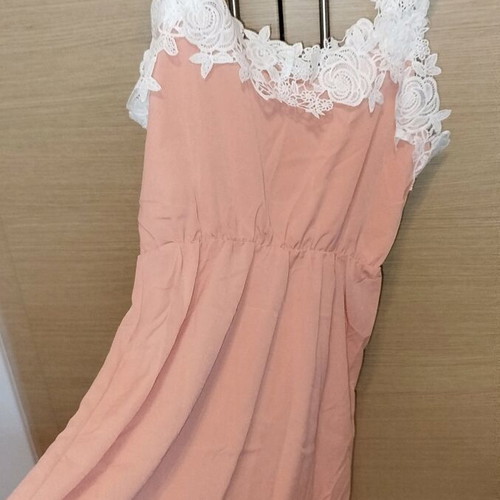 Coral dress with white floral design, size Large, new