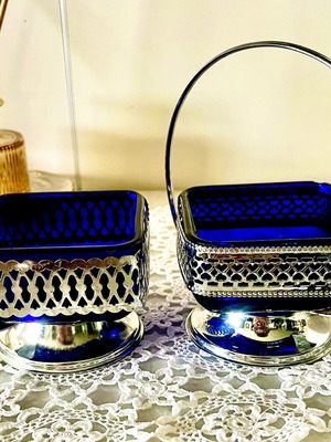 Vintage cobalt blue glass set with plated bases used