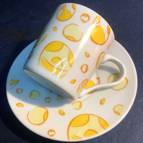 Porcelain cup set 12 pcs vintage 1980 with yellow designs unused