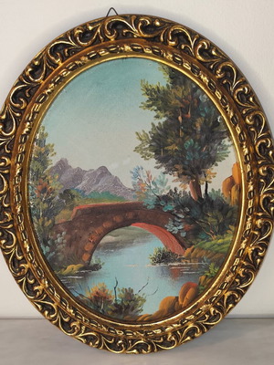 Oval vintage painting on canvas with golden frame used