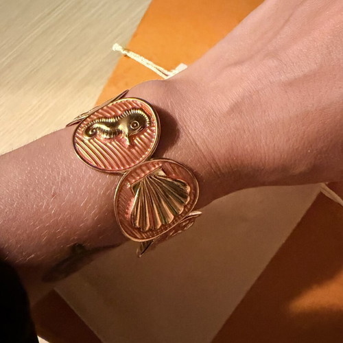 S steel thick summer bracelet with shell design, orange and gold tone