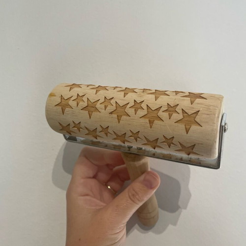 Wooden embossed rolling pin with star pattern new