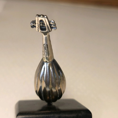 Mandolin miniature used, silver 899°, handmade with wooden base