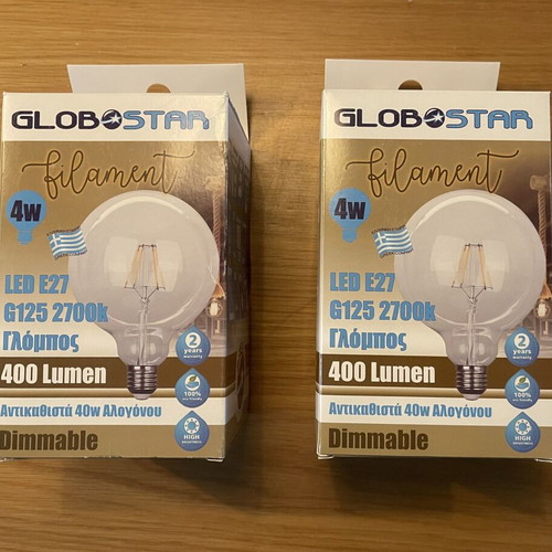 GloboStar filament LED bulb 4W for E27 socket, G125 shape, pack of 2, new, warm white