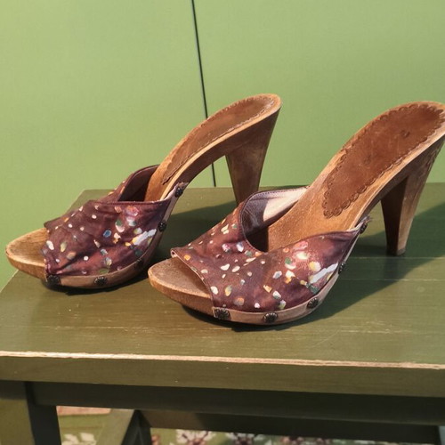 Spanish wooden clogs used, size 39, brown, 10cm heel, Sandisol