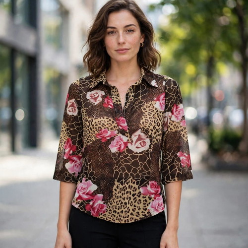 Morgan shirt with animal print and pink roses