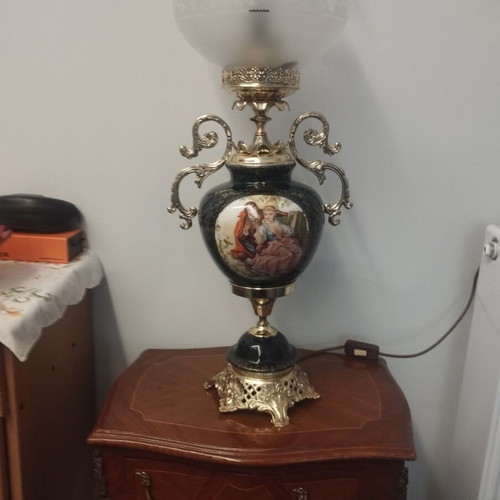 Vintage porcelain and bronze table lamp cobalt blue used