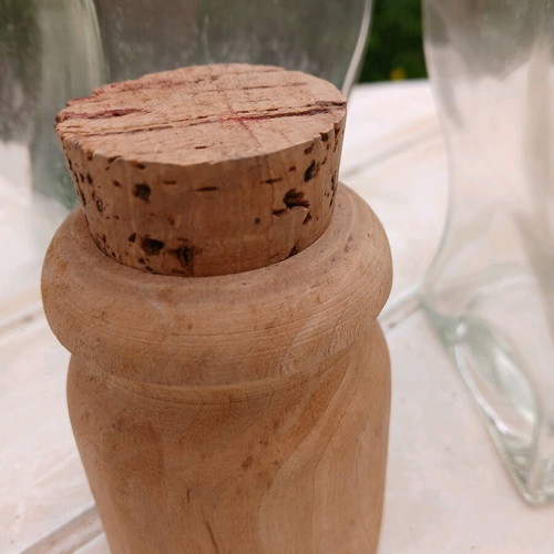Glass vases like new with wooden lids and cork-topped jar