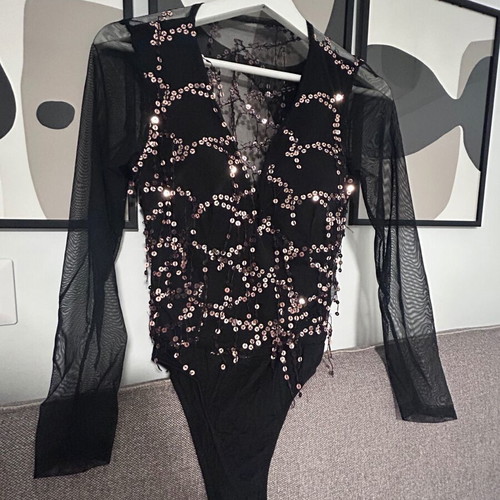 Women's black lace evening sequined bodysuit top size S-M new