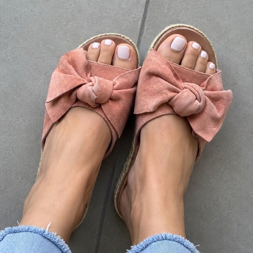 Mairiboo for Envie suede slippers with oversized bow, dusty pink