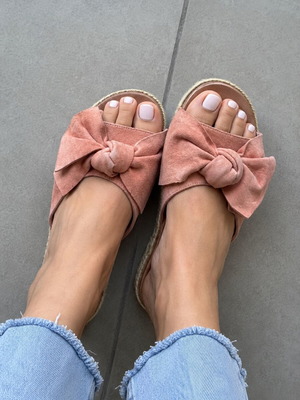 Mairiboo for Envie suede slippers with oversized bow, dusty pink