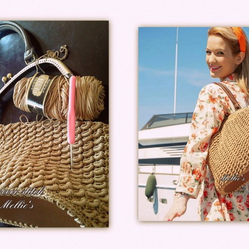 Knitting bag kit with bronze clip, genuine leather frame, yarns