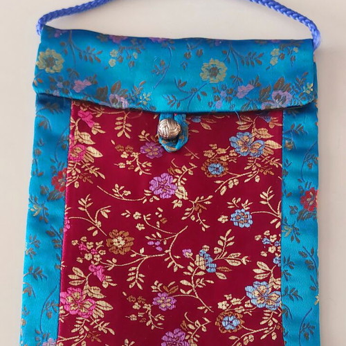 Traditional Silk Satin Floral Bag with Closure and Cord, like new