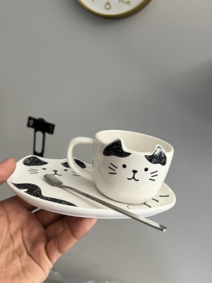 Cup and saucer set white with cat design and spoon, new