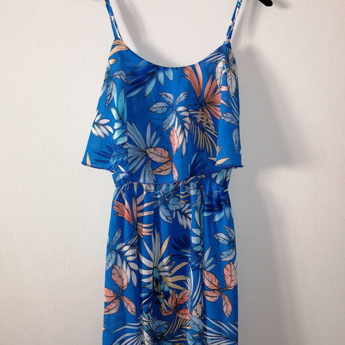 Blue mini dress with floral patterns and straps, new S/M