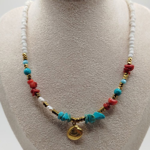 Handmade necklace with turquoise, howlite, coral, pearl, hematite, stainless steel