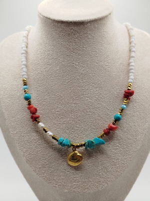 Handmade necklace with turquoise, howlite, coral, pearl, hematite, stainless steel