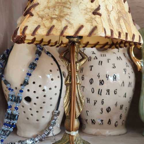 Vintage bronze lamp with natural leather lampshade Art Nouveau style like new