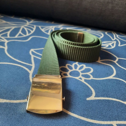 Khaki military-style adjustable belt with gold buckle