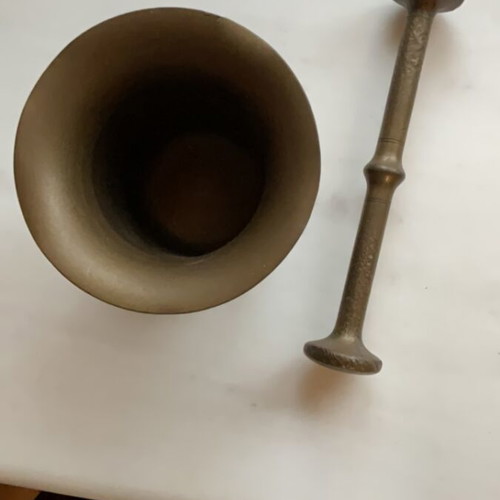 Copper mortar and pestle used, heavy and large