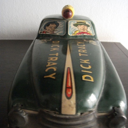 Dick Tracy Police Car tin toy used, wind-up, 1950s