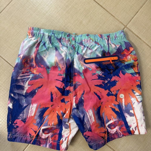 Superdry men's swim shorts with colorful tropical design, size L