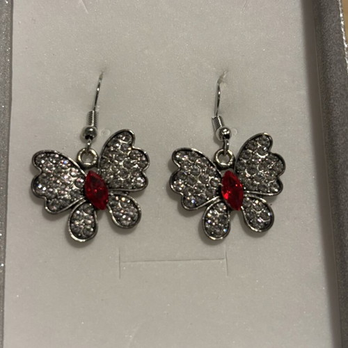 Butterfly Earrings like new with rhinestones and red stone
