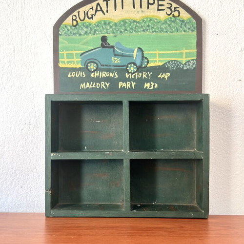 Wooden shelf with 4 compartments, Bugatti Type 35 vintage racing design