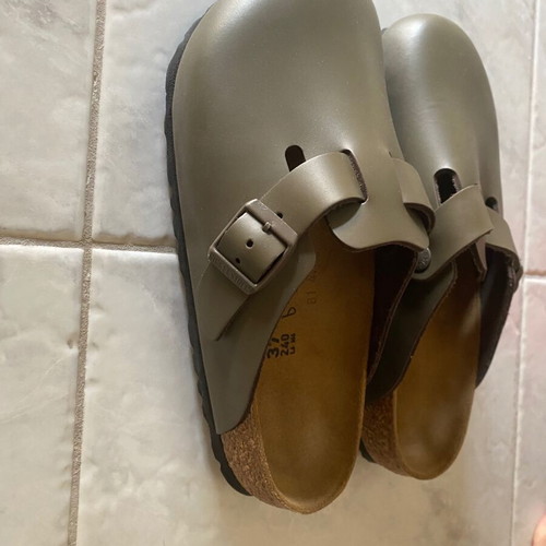 Birkenstock Boston mules, concrete gray leather