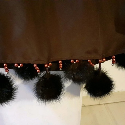 Satin scarf used with 8 fur pompons brown
