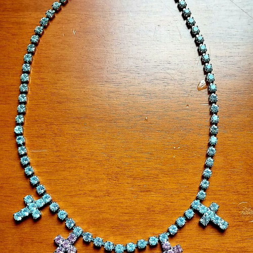 Tennis Necklace with Pink and White Rhinestone Crosses like new