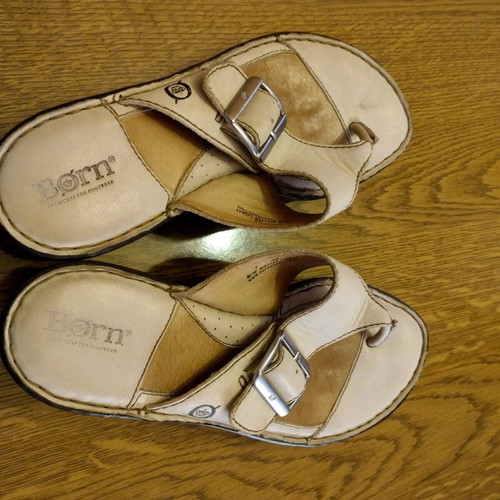Born thong slippers used, genuine leather, handmade, beige, size 38