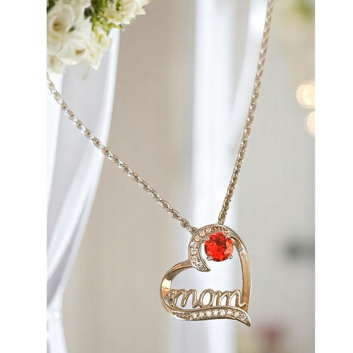 Stainless silver heart necklace with zircons and red crystal mom, new