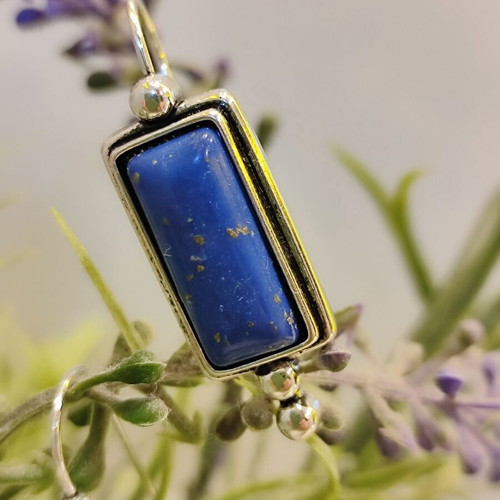 Lapis Lazuli rectangular drop earrings, antique silver tone