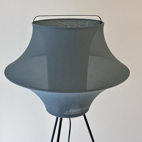 IKEA floor lamp used, dark blue fabric shade, tripod legs