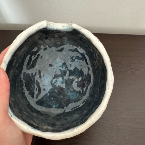 Handmade ceramic noodle bowl in dark blue and cream, new