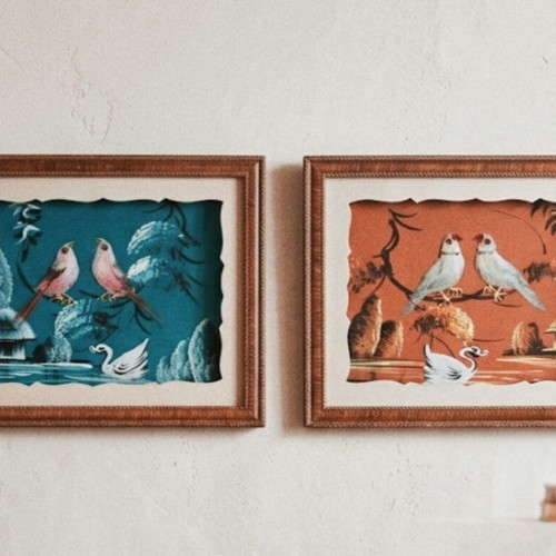 Vintage set of 2 Chinese 3D Feather Art wall frames (1960s-70s)