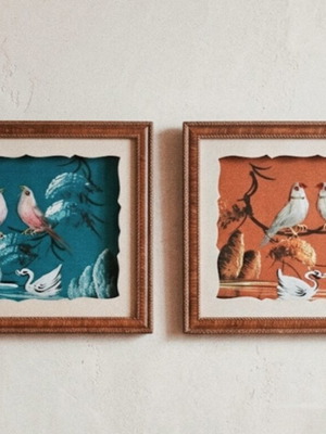Vintage set of 2 Chinese 3D Feather Art wall frames (1960s-70s)