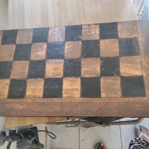 Handmade wooden backgammon and chess set used with copper inlay vintage