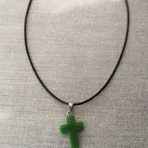 Glass cross necklace new green with short cord