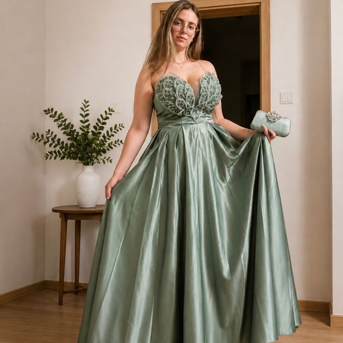 Long satin dress size L, sage green with stones and pearls on bust