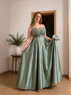 Long satin dress size L, sage green with stones and pearls on bust