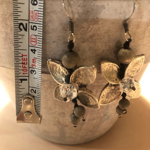 Handmade long flower earrings used, silver color