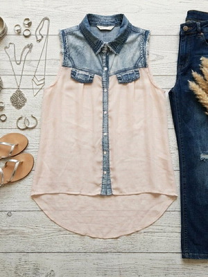 Tally Weijl sleeveless shirt like new, denim and salmon chiffon, size 38