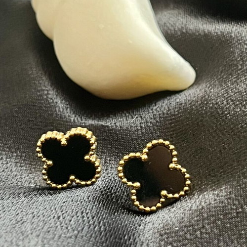 Earrings clover design with black enamel, new, steel and gold color