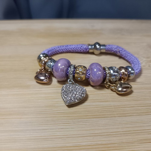 Purple women's bracelet with rhinestones, heart clasp