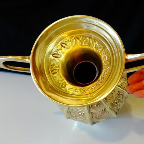 Antique copper amphora like new, handcrafted with relief ornaments