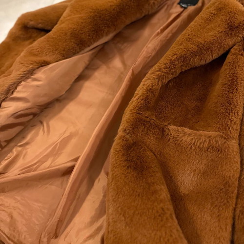 Amisu synthetic fur coat used, size 38, cognac tan color