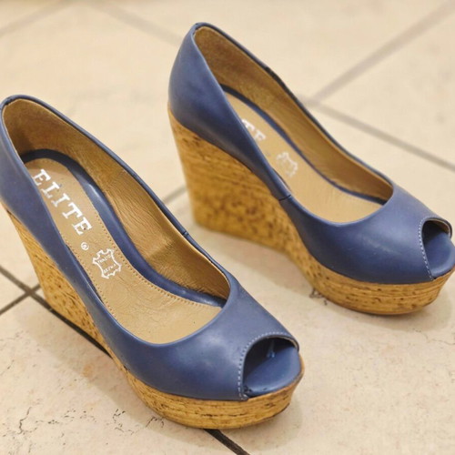 Elite platform wedge sandals, blue and beige, size 37, genuine leather
